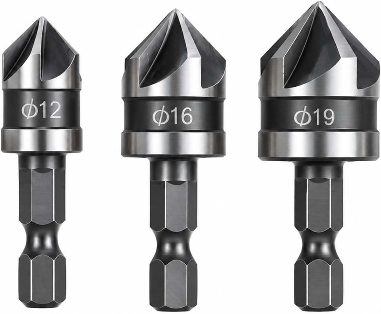 3pcs 1/4" Hex Shank Countersink Drill Bit Set 90 Degree Flute 5 Flute