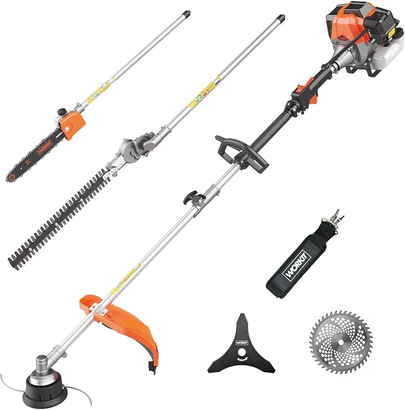 WORKIT Cortadora de malezas a gas 5 en 1, 43 cc, 2 tiempos, cortadora de césped, cortadora de hilo de 18 pulgadas, desbrozadora 3T/40T, sierra de poste para cortasetos, resistente para hombres y cuidado profesional del césped