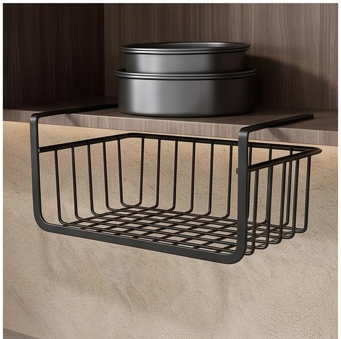 Culnflun Under Shelf Storage Basket, Metal For Kitchen Office Pantry Desk Bookshelf Space Saving Hanging Design (Large Black)