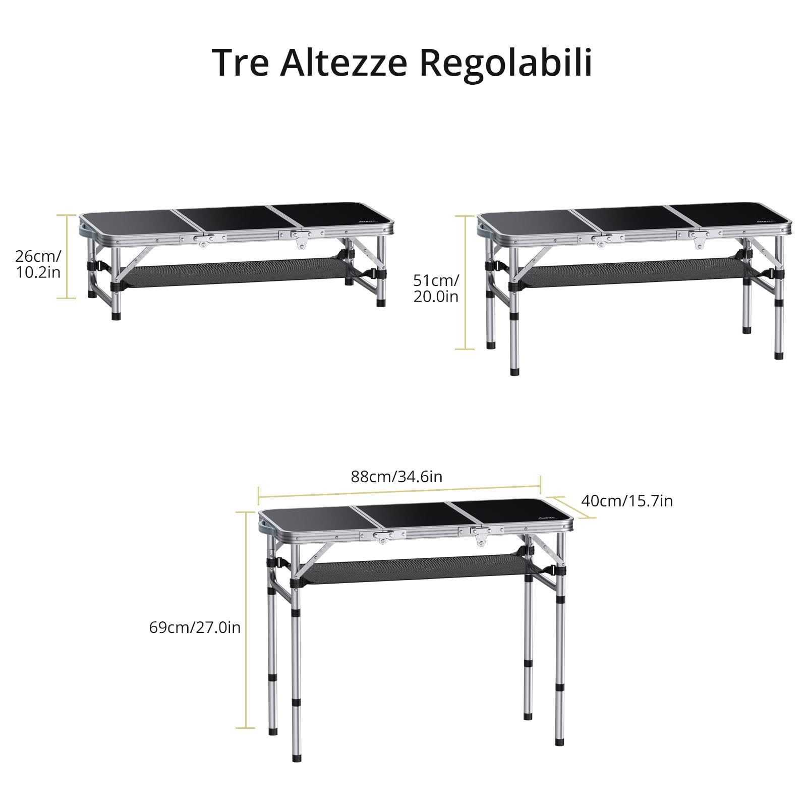 Anbte Tavolo Pieghevole da Giardino Campeggio 88 * 40 * 69cm,Tavolino da Balcone 3 Regolabili in Altezza in Alluminio con Rete da Interno/Picnic/Barbecue/Spiaggia/Truccarsi-Nero