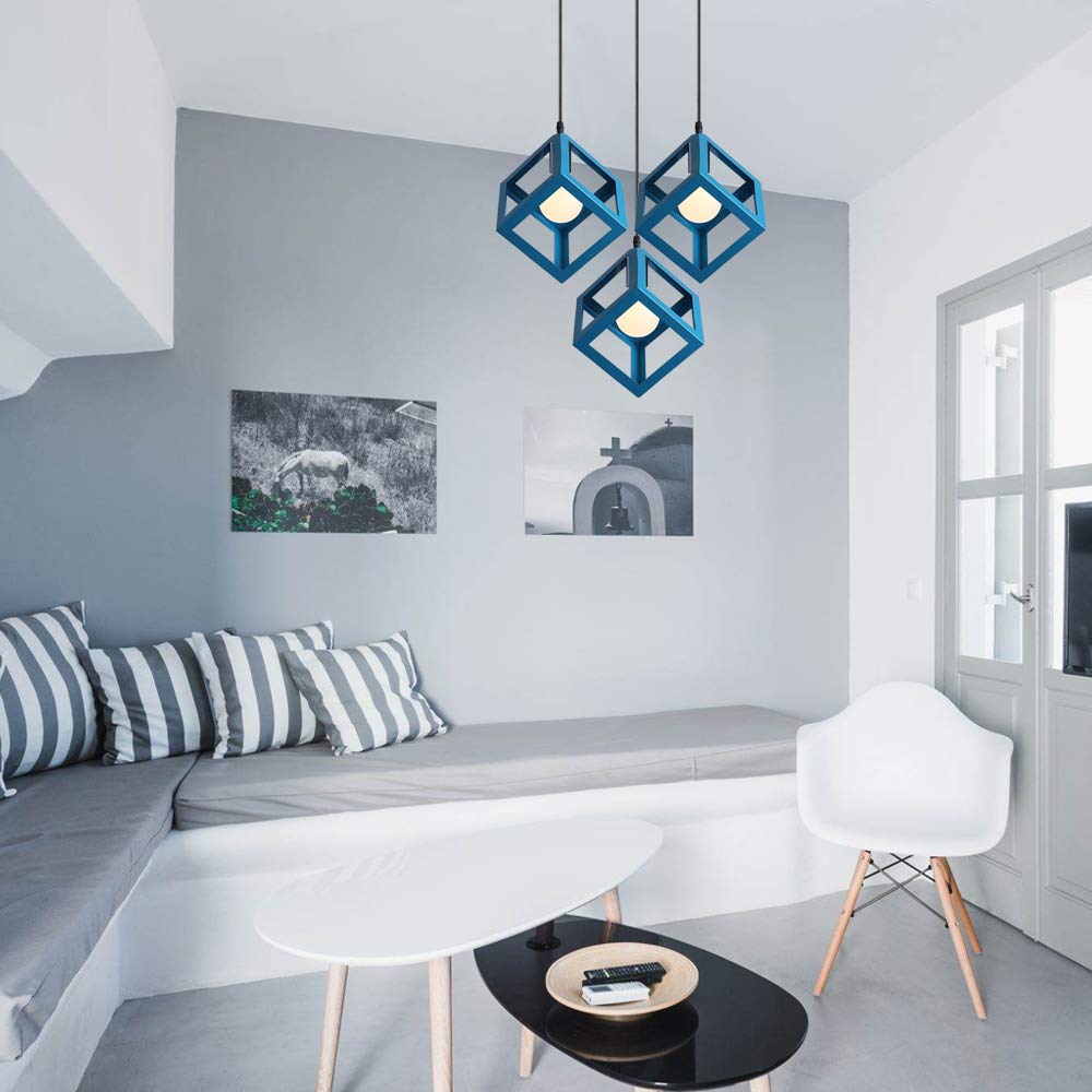 iDEGU 3 Luci Lampadario a sospensione moderno a Forma di Cubo Stile Geometrico E27 Lampada da Soffitto Vintage in Metallo per camera, soggiorno, sala da pranzo - 16cm (Blu, 30CM Base)