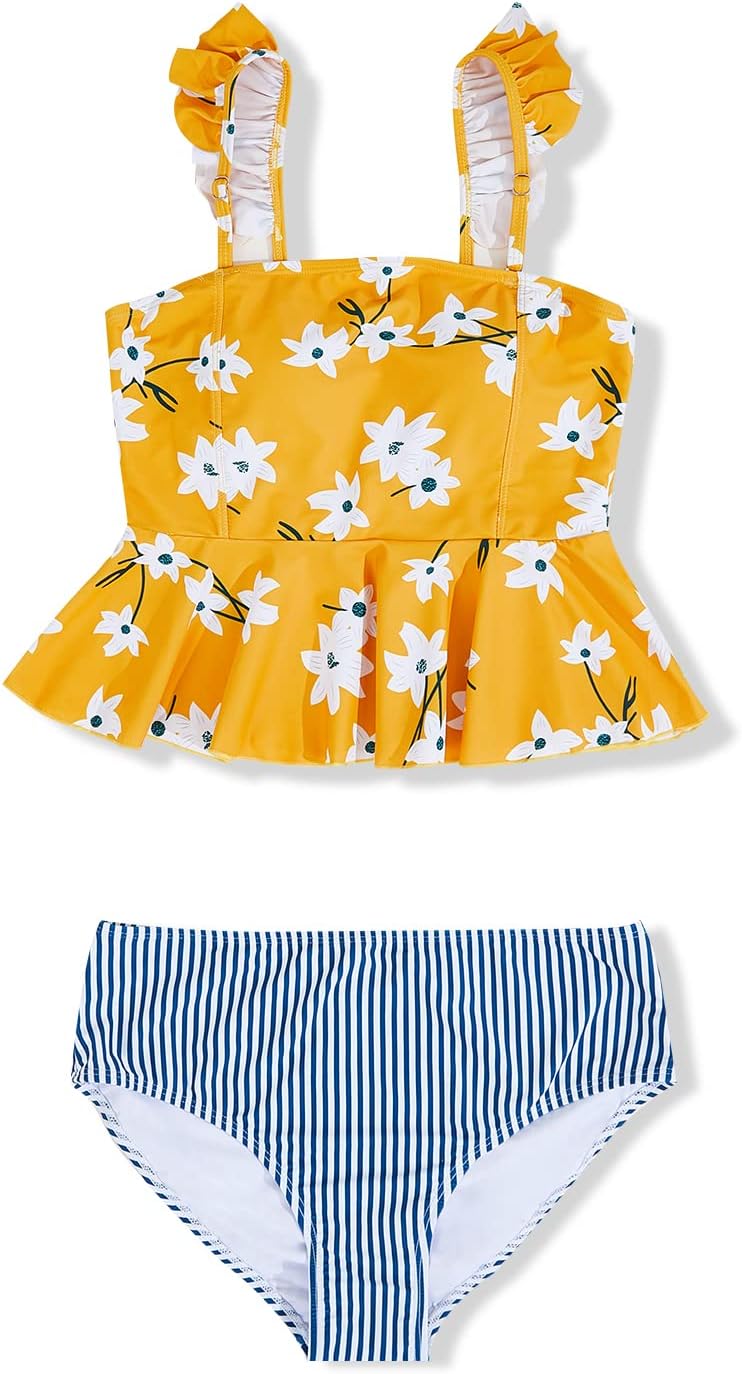Tutorutor Kid Girls High Waisted Cute 2 Piece Peplum Halter Bikini Sets Ruffle Floral Print Teen Spaghetti Swimsuits