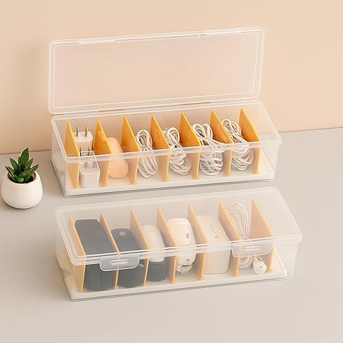 Paquete de 2 cajas organizadoras de cables transparentes con tapa, caja organizadora de cables de plástico con 16 bridas de alambre, organizadores