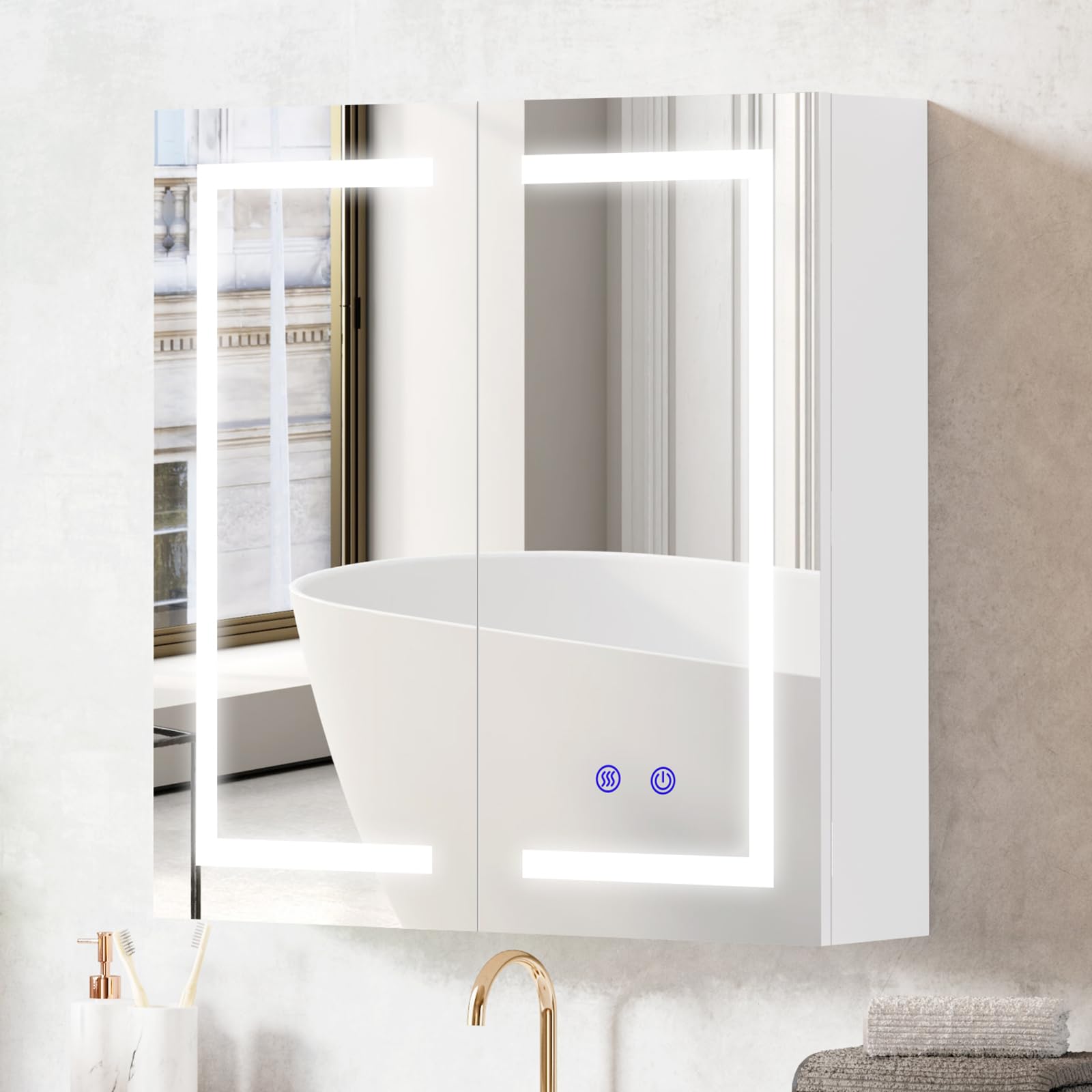 Szafka łazienkowa z lustrem LED, 600 x 600 mm, odmgławiacz, możliwość przyciemniania, 3 kolorowe lekkie lusterko do makijażu, montowana na ścianie, szafka łazienkowa z oświetleniem i
