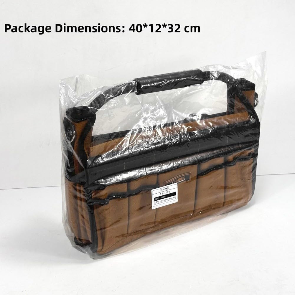 ZYWUOY Sac à outils robuste en tissu Oxford avec base rigide, 21 poches, poignées renforcées et bandoulière, rangement en polyester 900D pour électriciens, plombiers, mécaniciens, marron et noir
