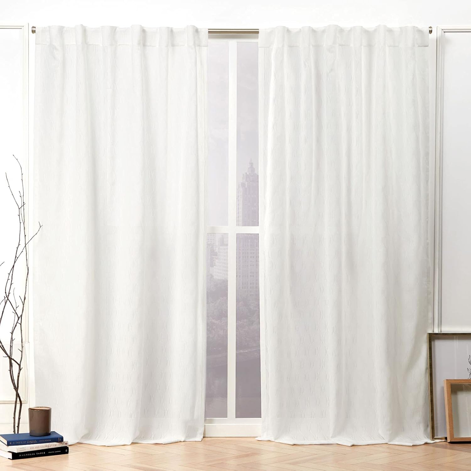 NICOLE MILLER NEW YORK Tangled Ogee Embroidered Sheer Hidden Tab/Rod Pocket Top Curtain Panel Pair, 54"x96", Snowflake