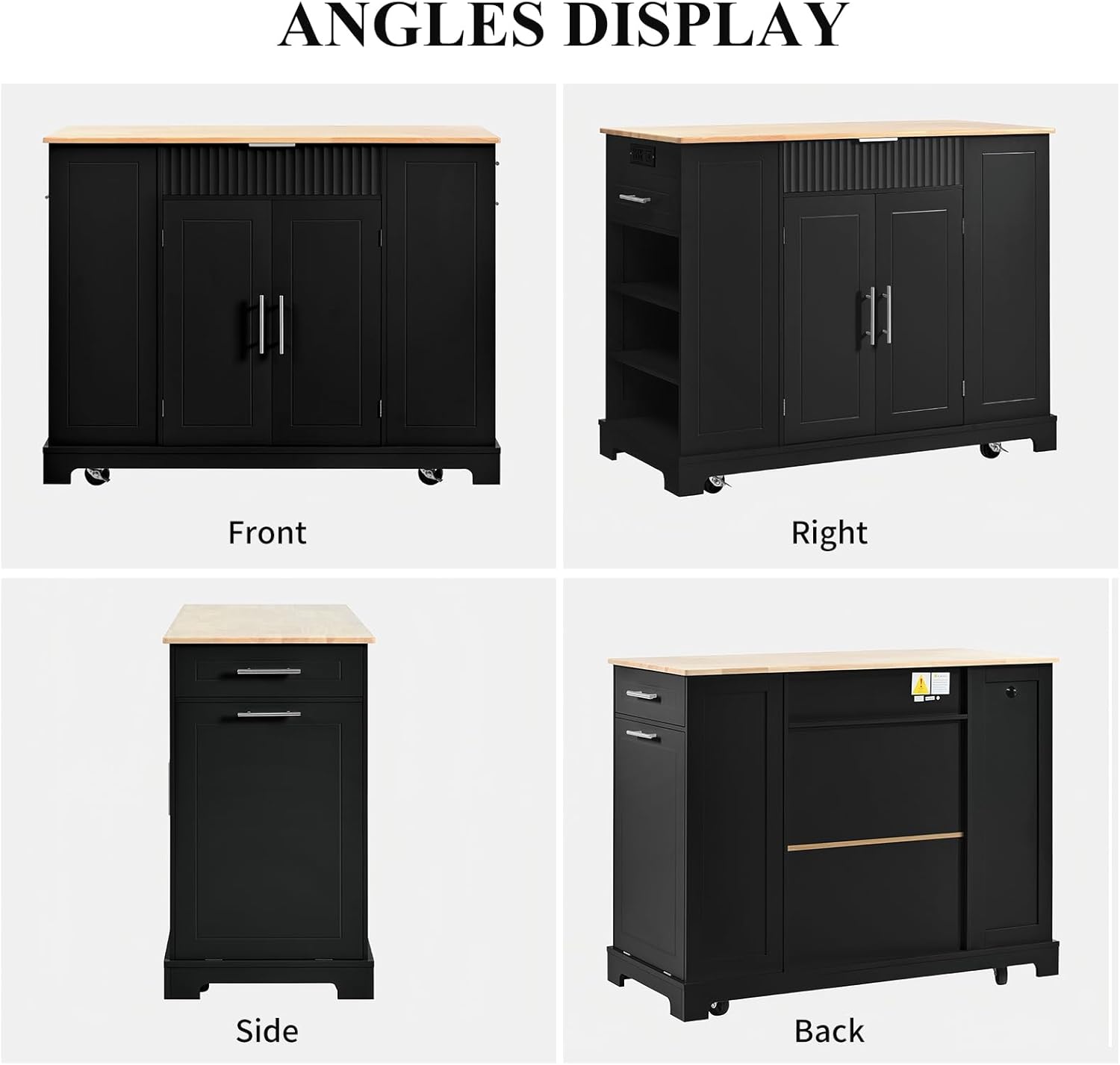 48.5" Fluted Kitchen Island with Power Outlet, Trash Storage Cabinet, Rolling Kitchen Island with Internal Storage Rack, Kitchen Cart with 3 Open Side Racks, Drawers for Kitchen (Black)