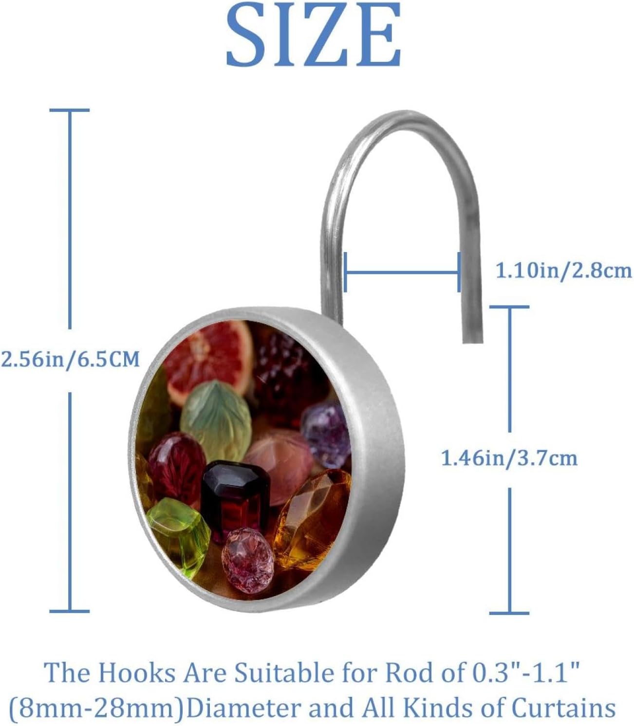 Crystal Glass Decorative Candy Round Crystal Glass Decorative Shower Curtain Hooks with 3D Pattern Visual, Rust Proof Shower Curtain Rings-12 Pack