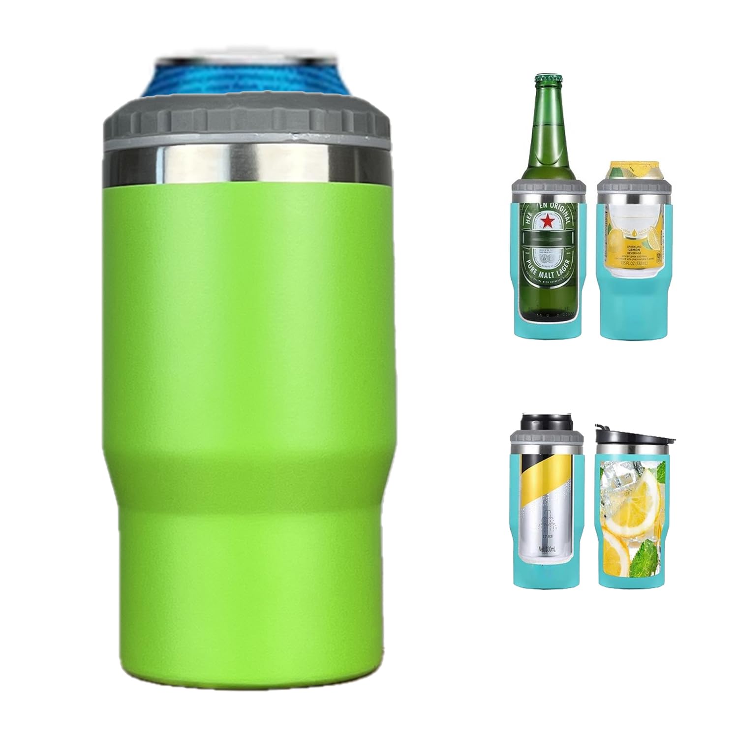 Gteller 4 in 1 Stainless Steel Can/Bottle Insulator, 14oz Two-Way Lids SUS Insulated Can Cooler, Beer Bottle holder (Green)