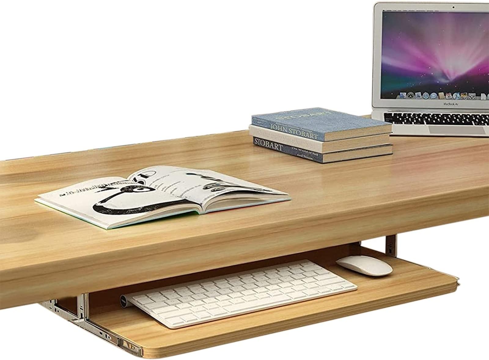 LMDX Desk Extender for Keyboard and Mouse - Keyboard Tray Storge Shelf - Natural Wood - with 14Inch Ball Bearing Sliding Rails - Easy and Quiet Sliding - for Install Under The Desk