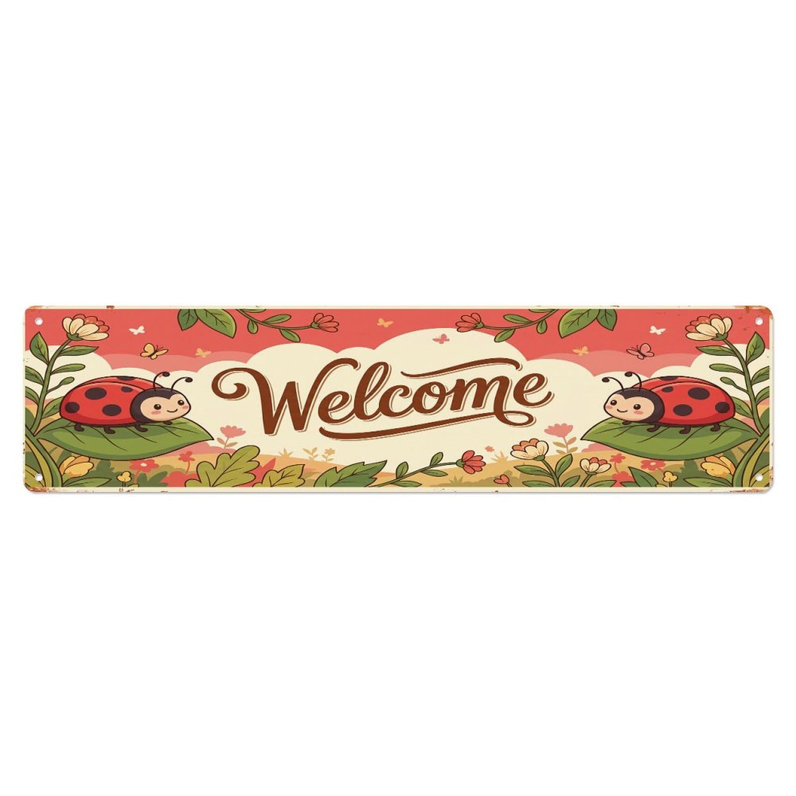 Cxhjca 4X16inch(10X40cm) Vintage Welcome Ladybug Leaf Metal Tin Sign
