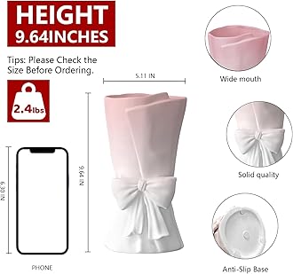 Relexome Pink White Ceramic Bow Vase 9.64 in Unique Cute Modern Decorative Bouquet Flower Vases for Home Living Room Table Decor Women Girl Gifts