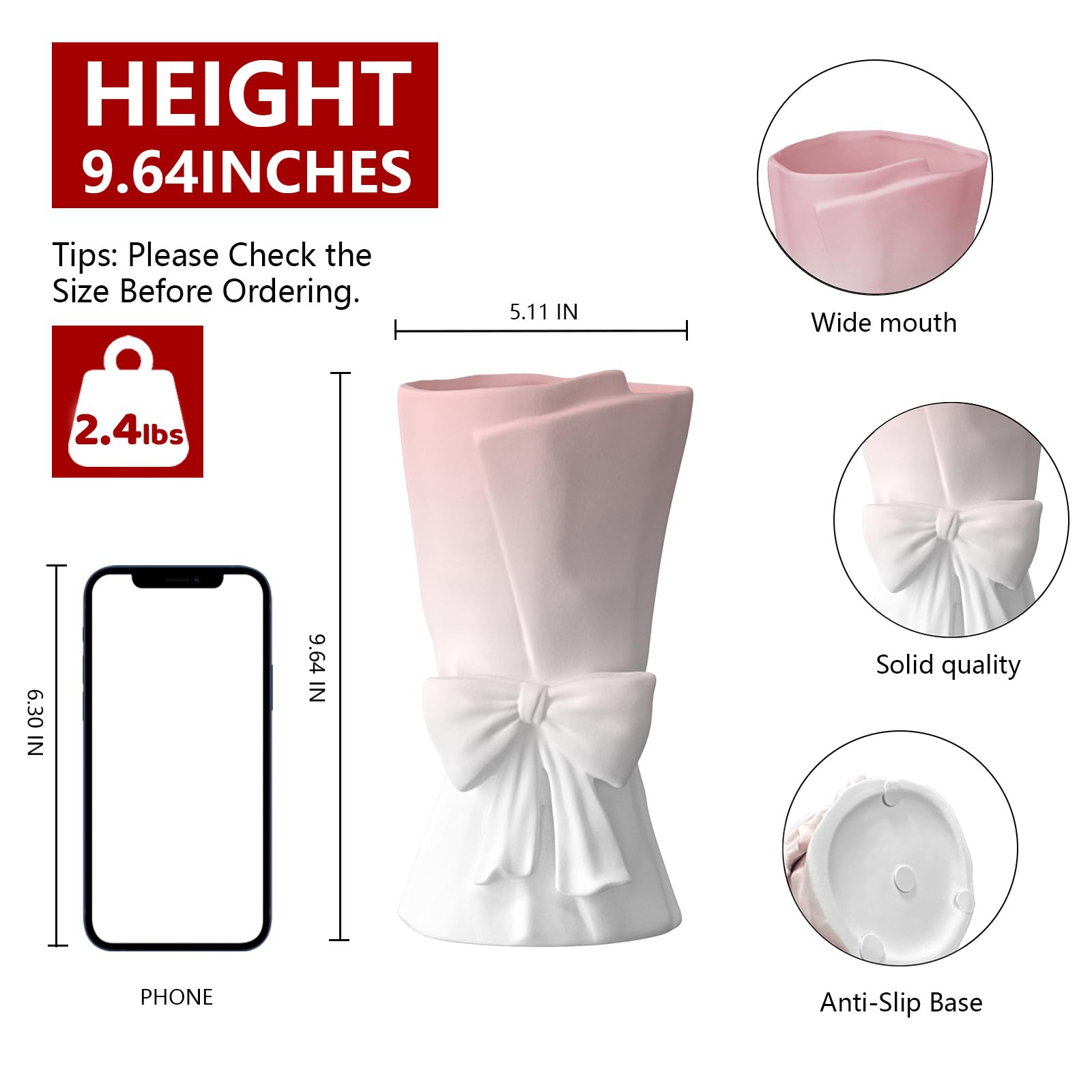 Relexome Pink White Ceramic Bow Vase 9.64 in Unique Cute Modern Decorative Bouquet Flower Vases for Home Living Room Table Decor Women Girl Gifts