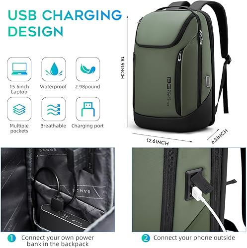 Miniatura 5 de BANGE Mochila inteligente de negocios, impermeable, para laptop de 15.6 pulgadas con puerto de carga USB, mochila duradera de viaje, Verde, Moda