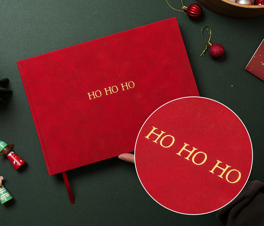 Holiday Memory Book (rosso) – Copertina rigida in velluto goffrato con lamina d'oro, 120 pagine bianche, carta spessa 140 g/m², segnalibro con nastro, biglietti di Natale