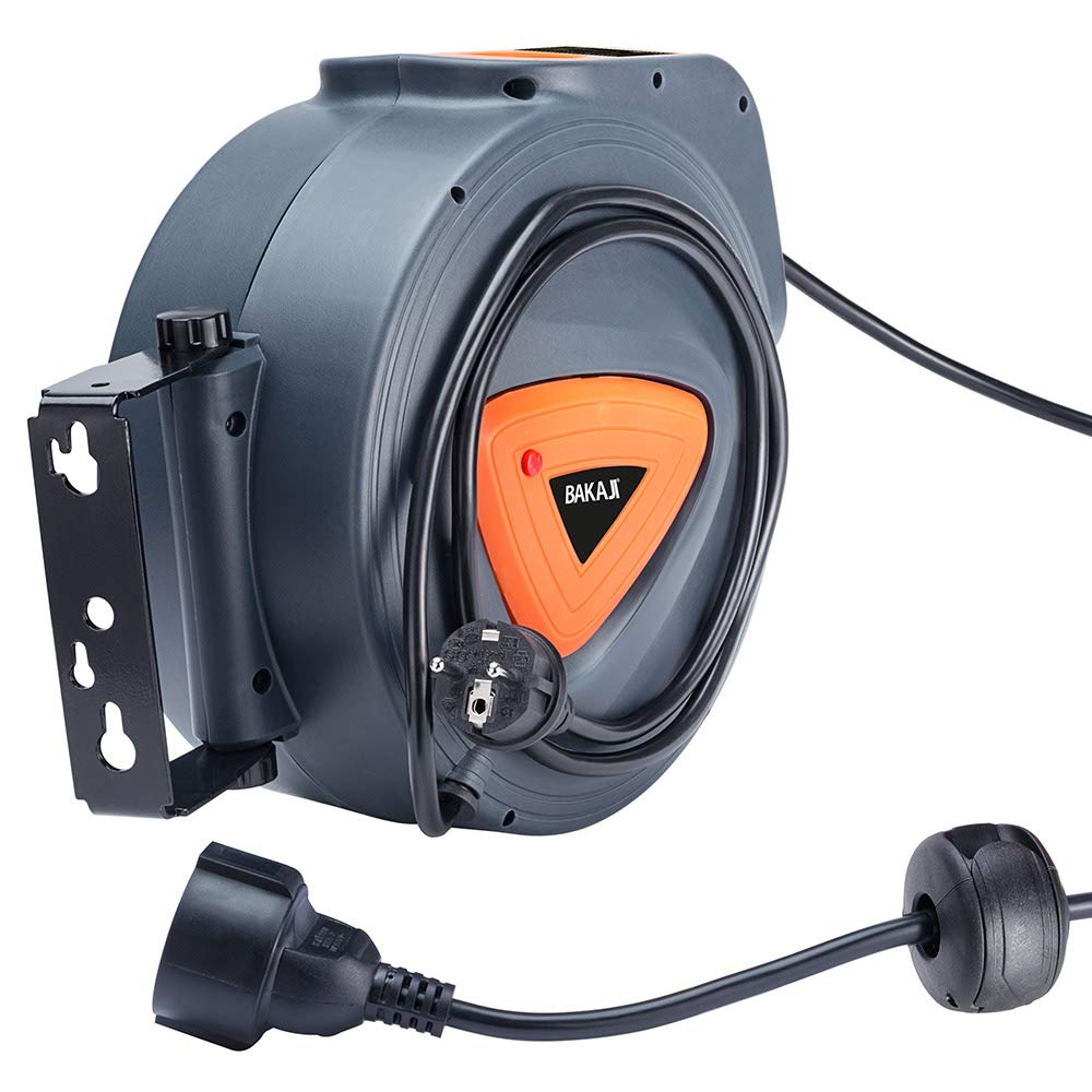 Bakaji - Enrollador de cable eléctrico con cable de 10 m, toma Shucko, fijación a la pared, sistema de bloqueo automático, ahorra espacio, accesorio enrollador de manguera alargador eléctrico