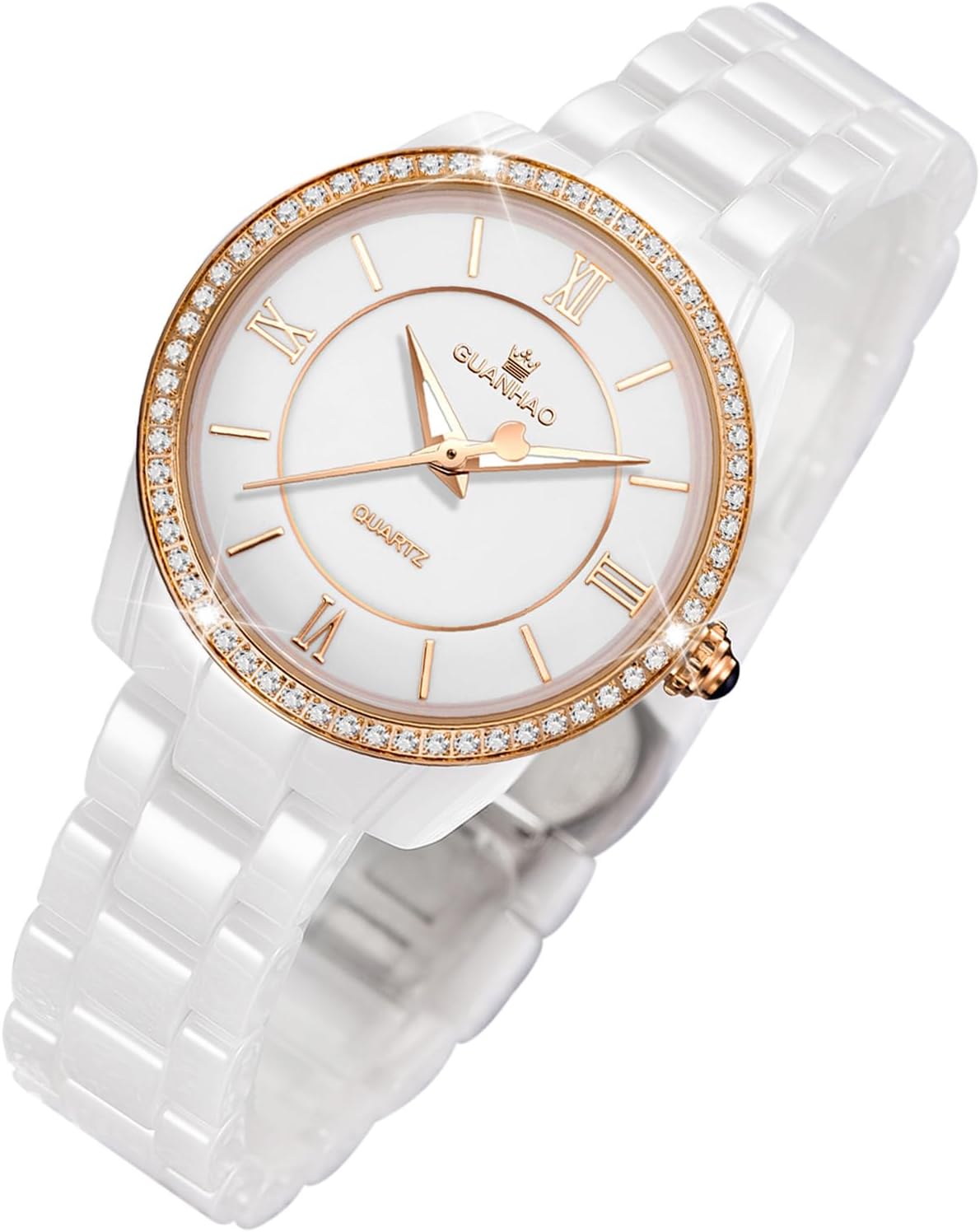 GUANHAO Ceramic Watches for Women, Fashion Ladies Watch Elegant Dress Women's Wristwatches with Diamond Accented Waterproof Calendar Mineral Glass