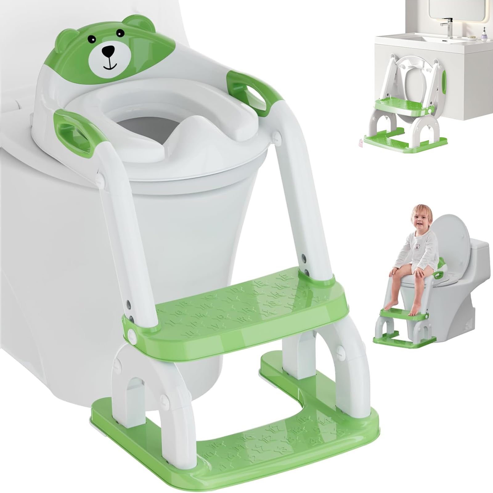 Réducteur Toilette Enfant 2-en-1, Rehausseur WC Pliable Réglable avec Escalier Antidérapant, Coussin PU Confortable, Adapté aux Toilettes V/O/U, Apprentissage Propreté pour Enfants 1-6 Ans (Vert)