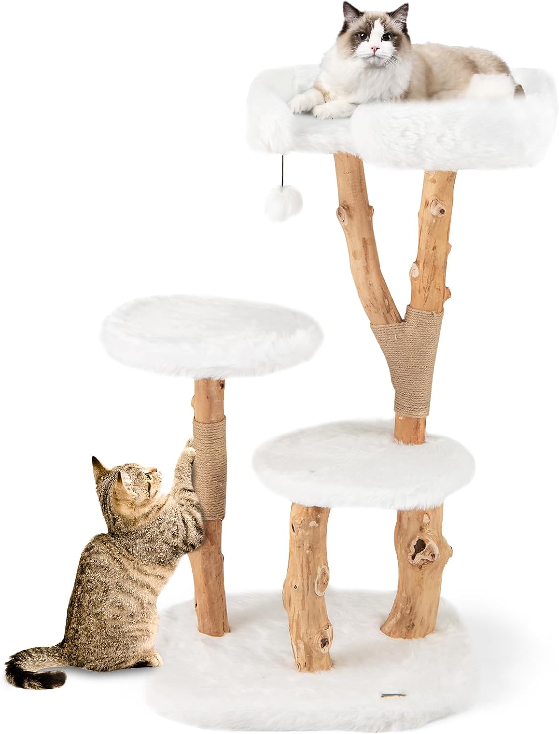 Tangkula Solid Wood Cat Tree, Modern Wooden Cat Tower with Perch, Jute Scratching Posts, Dangling Ball, Soft Long Plush, Luxury Cat Condo, Natural Branch Cute Cat Tree for Indoor Cats
