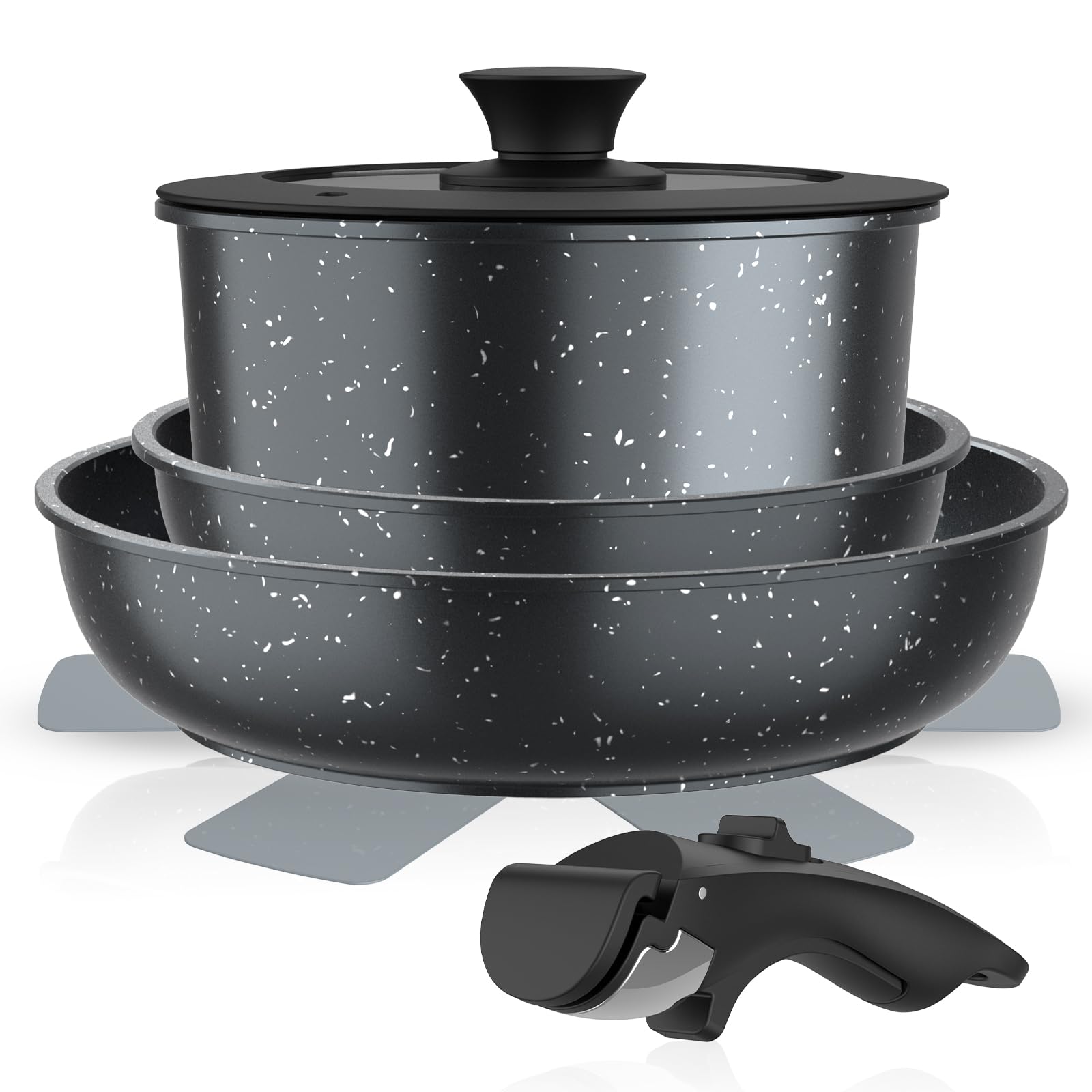 5-Teilig Topfset mit abnehmbarem Griff, Antihaft Kochgeschirr Set, Pfannen und Töpfe Set stapelbar, induktionsgeeignet für alle Herdarten geeignet, Camping Topfset für Haushalt und Outdoor