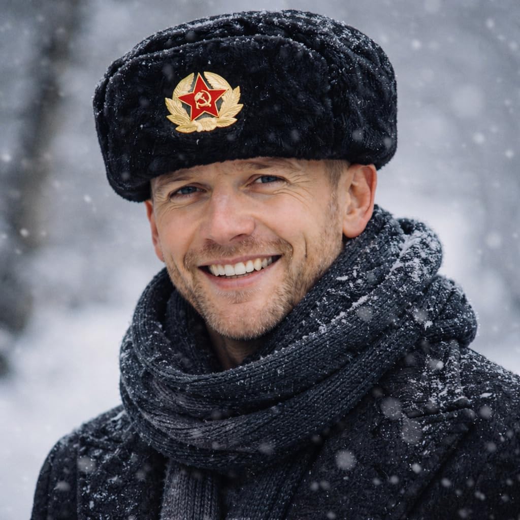 Chapeau de trappeur russe pour homme - Chapeau chaud d'hiver avec badge soviétique unisexe en fausse fourrure - Chapeau d'hiver unisexe
