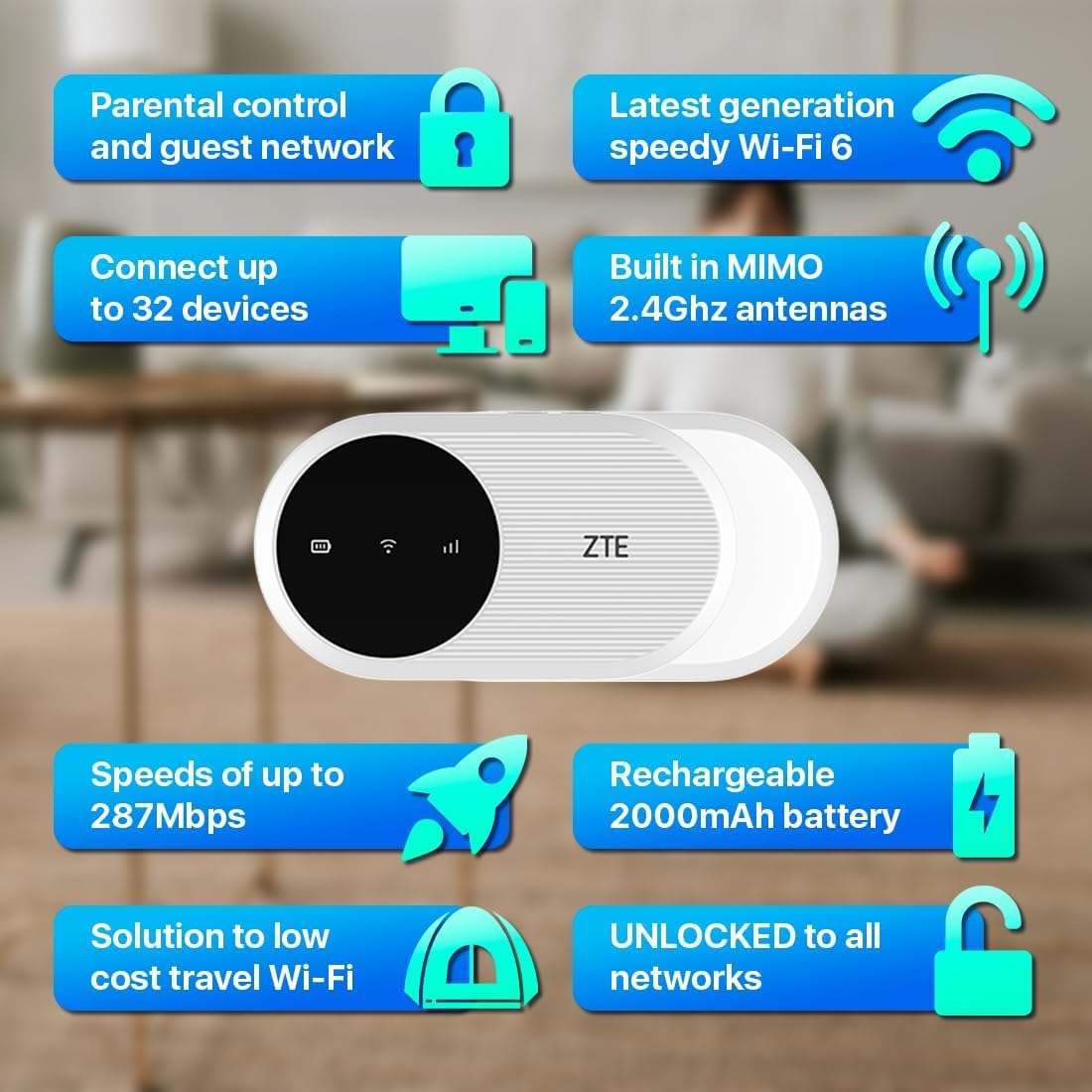 ZTE U10, Wi-FI 6/4G LTE Mobile Wi-FI, Point d'accès Portable débloqué à Faible coût, se connecte à 32 appareils, Batterie 2000 mAh, antenne intégrée pour des Vitesses améliorées,