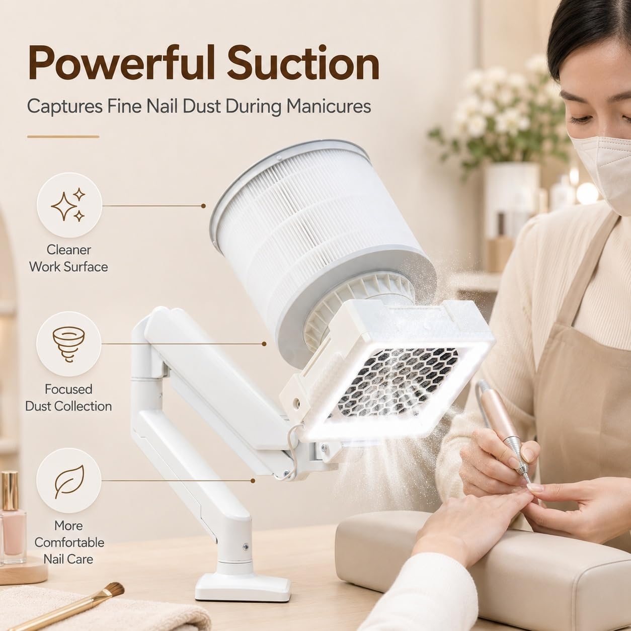 Odkurzacz stacjonarny do manicure 36 W + 5 W, oświetlenie Clip-On | Wykończony w klasycznym białym kolorze, który doskonale uzupełnia wystrój nowoczesnego salonu.
