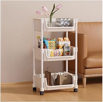 3 Tier Rolling Storage Cart with Wheels, Multi-Purpose Utility Cart Mobile Organizer Shelf, U-Shaped Easy Access Storage Trolley for Kitchen, Office, Bedroom, Nursery & Laundry