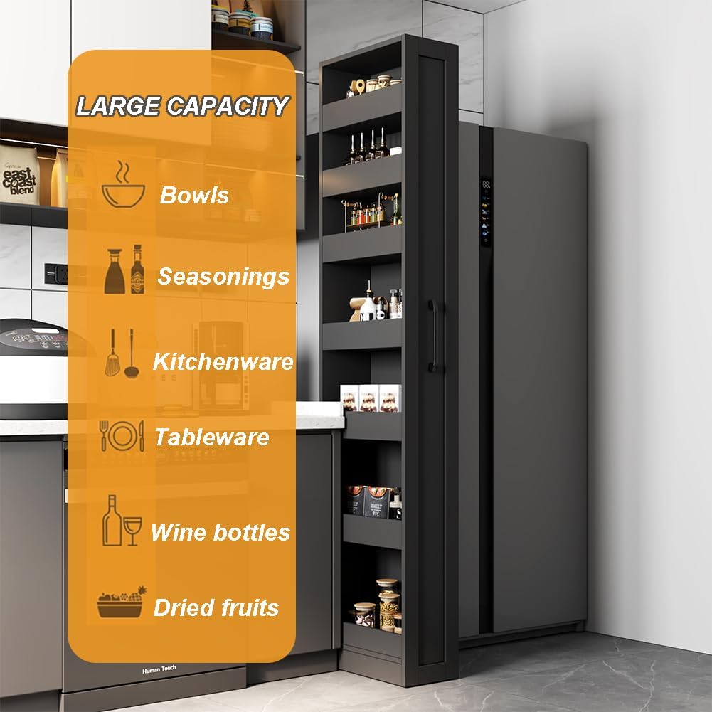 7 Tier Slim Storage Cart, Rolling Spice Rack Next to Fridge Slim, Narrow Storage Cabinet, Wood Storage Organizer with Handle Wheels for Kitchen, Dining Room (7 Tier-Black)