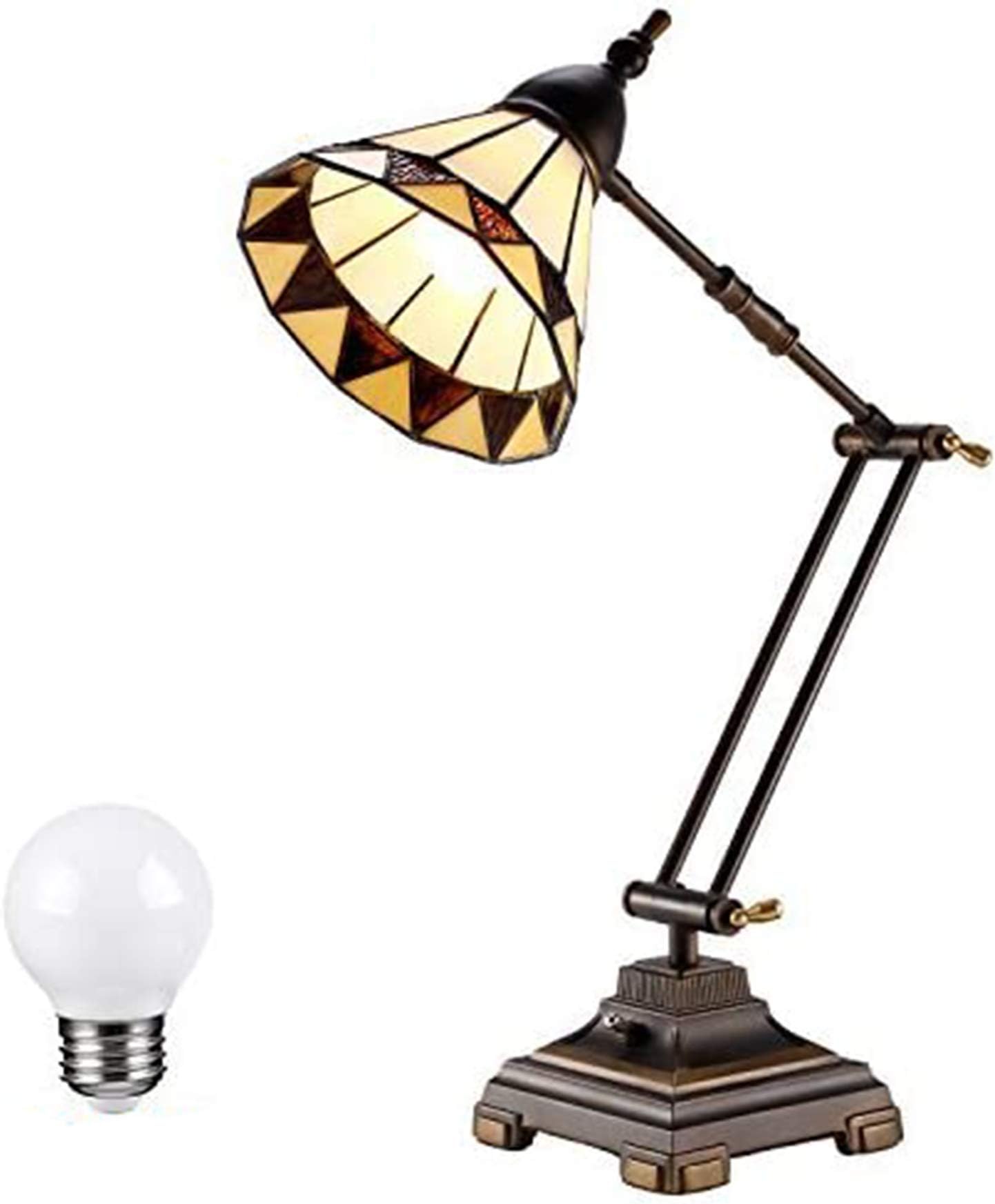 ESCENA Tiffany Style Swing Arm Desk Lamp, Mission Style End Table Light for Nightstand, Colored Glass Lampshade, for Bedroom, Living Room, Office Decoration