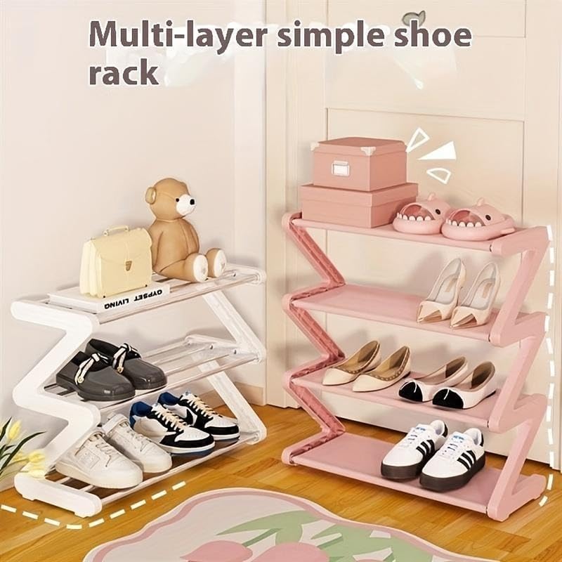 4 Layer Z Shaped Shoe Rack, Easy To Assemble Shoes Storage Rack, Stackable Home Organizer for Living Room, Dormitory, School (pink)