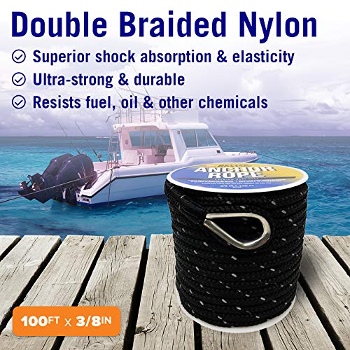 Image of Better Boat Premium Anchor Rope, 100 Ft Double Braided White Nylon Marine | Line, Reflective 3 /8 Inch Reel for Anchors and Boats, Black