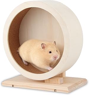 Hamsterrad Holz 25 cm, Geräuschloses Laufrad mit Korkstreifen und Standfuß für Hamster, Chinchillas, Mäuse und Kleintiere, Sicher und Stabil für Käfigtraining