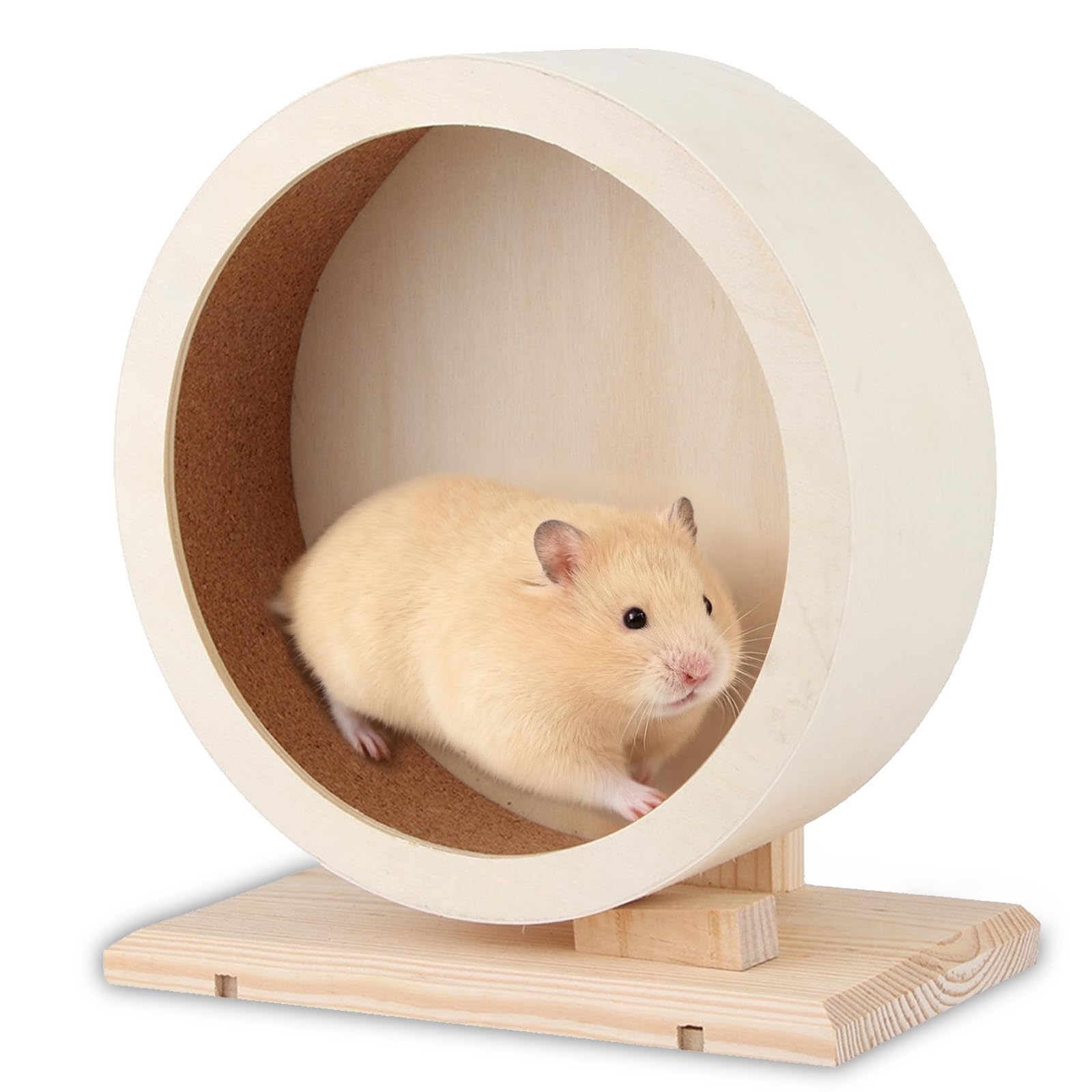 Hamsterrad Holz 25 cm, Leise Laufrad für Hamster mit Korkstreifen und Standfuß für Hamster, Chinchillas, Mäuse und Kleintiere, Sicher und Stabil für Käfigtraining
