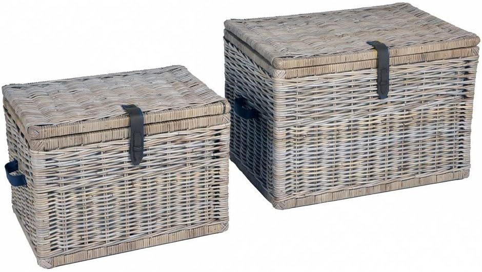 The Basket Lady Handwoven Deep Wicker Storage Trunk, Natural Rattan Wicker Chest with Lid and Handles for Blankets, and Home Organization-Serene Grey, Large, 24" L x 17" W x 17.5" H