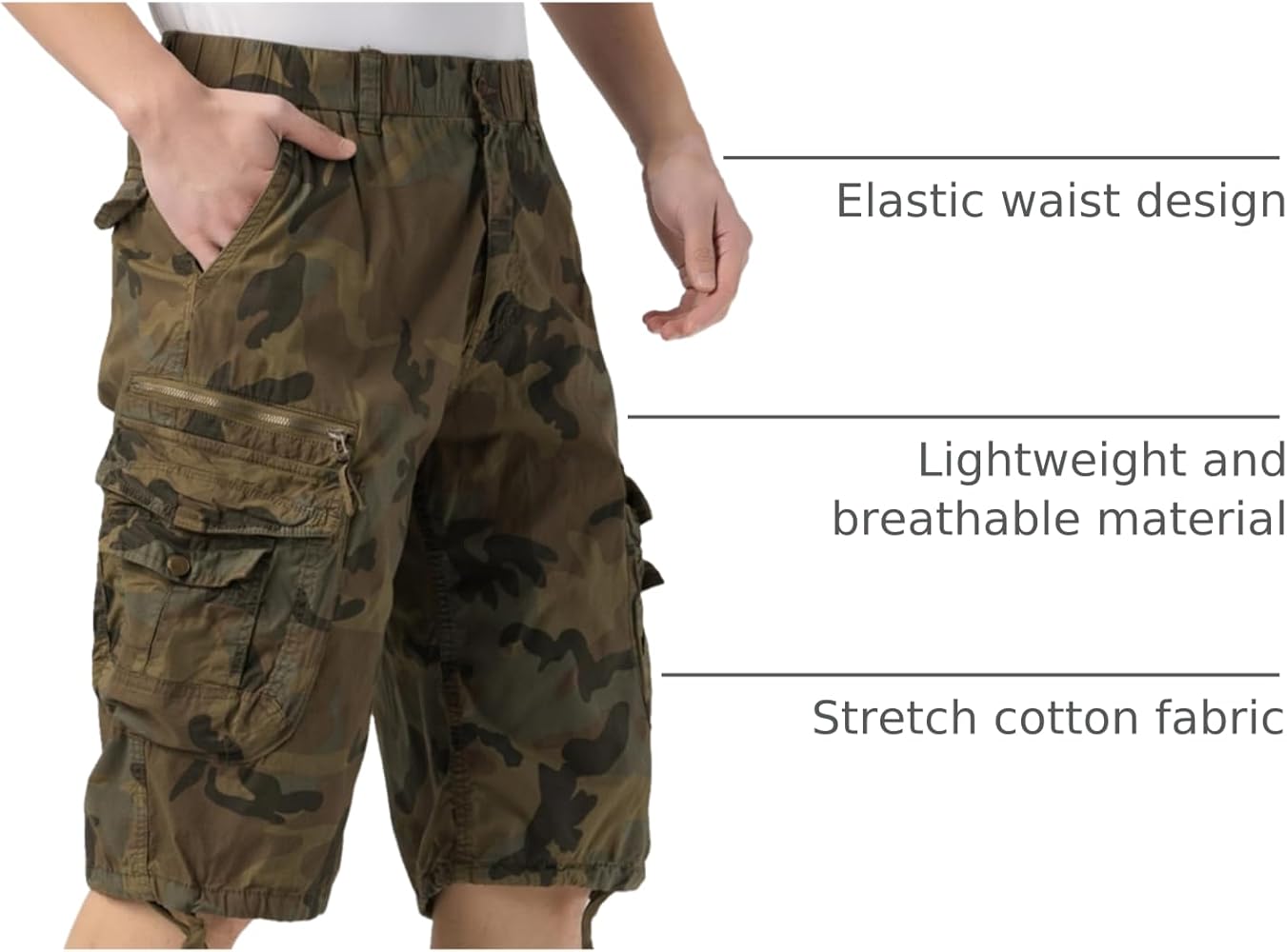 DGWZ Mens Cargo Shorts Elastic Waist Zipper Pocket Stretch Cotton
