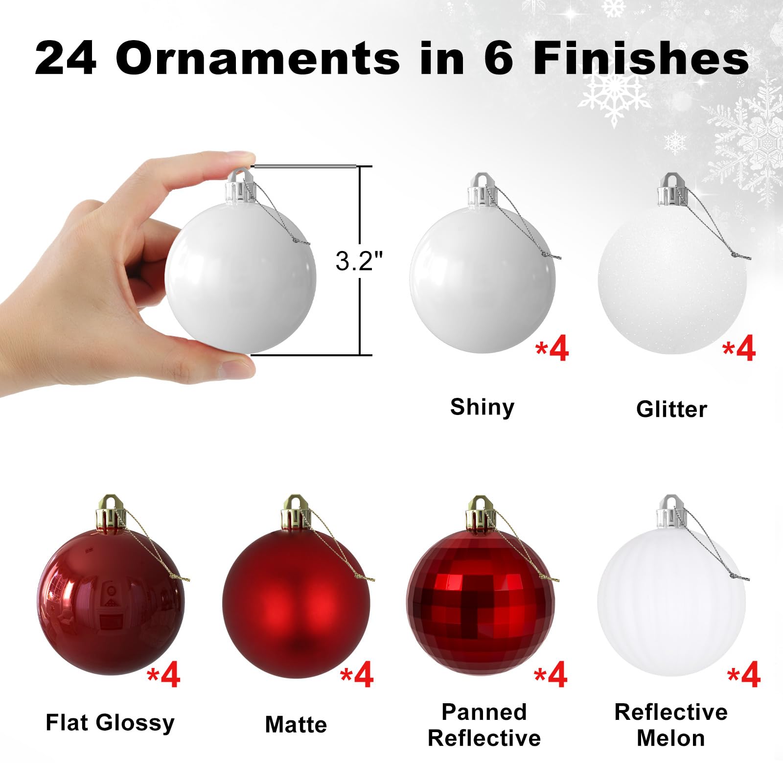 Lot de 24 grandes boules de Noël incassables à suspendre pour anniversaire, Halloween, vacances, mariage (rouge et blanc) - 8,1 cm