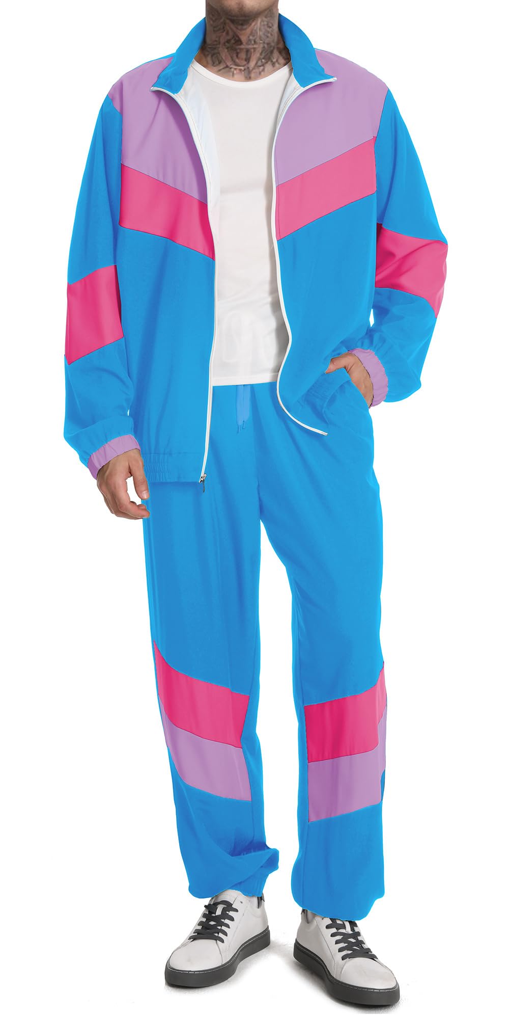 UOUA 80s Outfit Men 90s Tracksuit Costumes Halloween 70s Windbreaker Jacket Track Suit 2 Piece Hip Hop Set