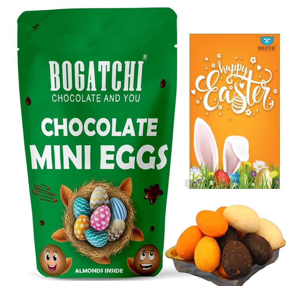 BOGATCHI Choco Almonds Easter Eggs in Dark, White, Milk, Mango and Orange Chocolates 200g Easter Greeting Card