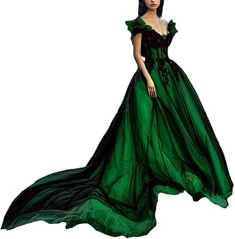 Kivary Women Off The Shoulder Long Gothic Black V Neck Tulle Evening Prom Dress