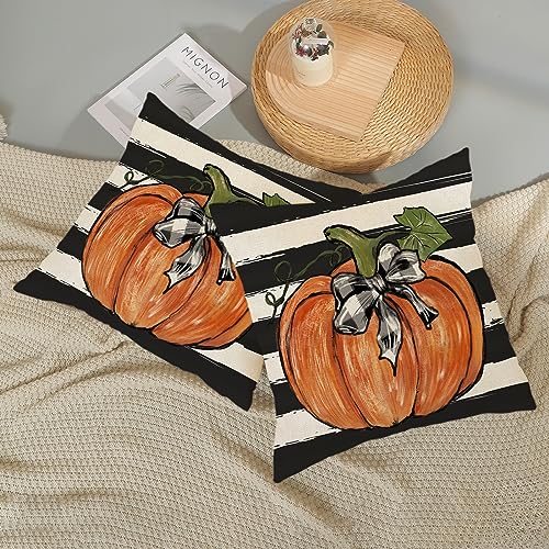 Fall Pillow Covers 18x18 Set of 2 Pumpkin Maple Leaves and Stripes Fall Decor Pillowcase Linen Autumn Thanksgiving Decorative Outdoor Throw Pillow Covers Farmhouse Cushion Case for Couch Home - Image 3