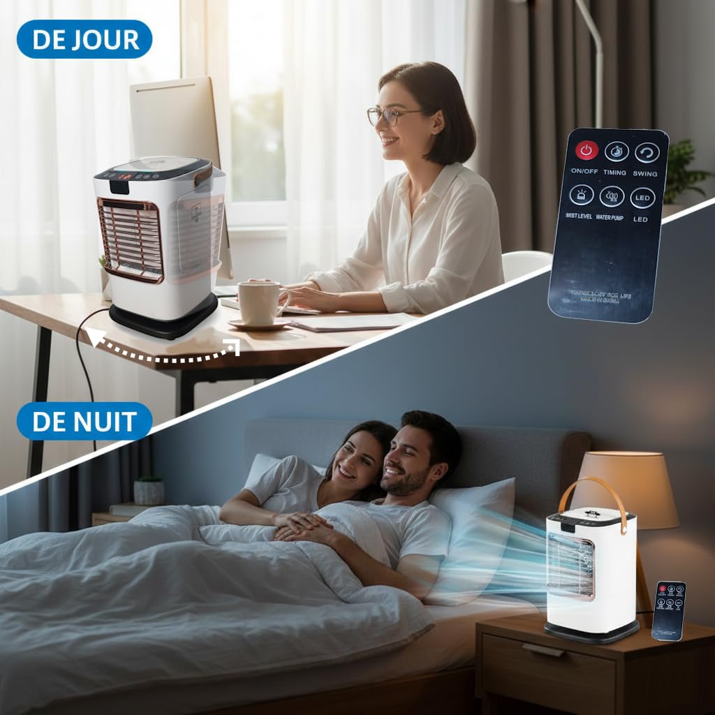 Cooli Frais ULTRA 26 TÉLÉCOMMANDÉ – Rafraîchisseur Mobile Rotatif 2026 Double Réservoir 1.3L (Eau + Glace) 6 Vitesses / 3 Modes – Rotation 120° – Rideau d’Eau + Double Pulvérisation USB Type-C Secteur