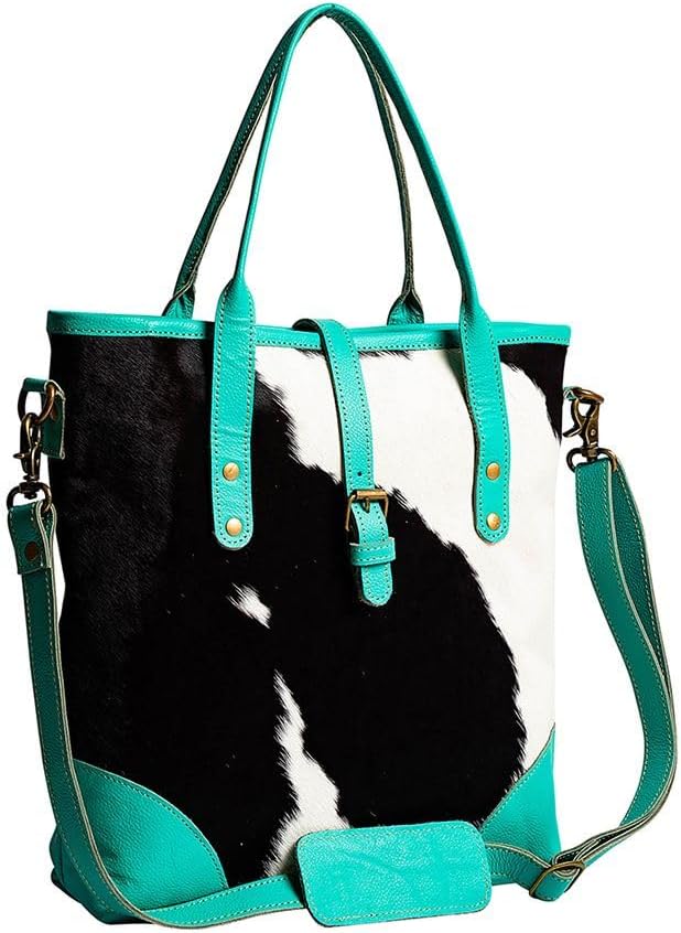 Myra Bag Shoulder Bag for Women - Western Upcycled Hairon Canvas & Leather Handbag Turquoise