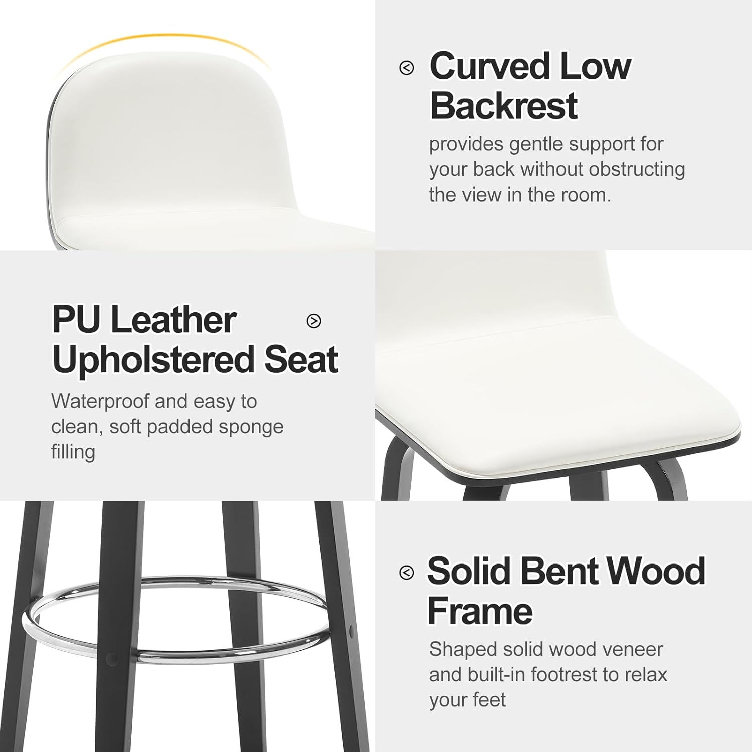 Bekrvio Swivel Counter Height Bar Stools Set of 4, Mid-Century Modern Upholstered PU Leather Barstools with Low Back & Black Bentwood Frame, 26" Seat Height Counter Stools for Kitchen Island, Cream