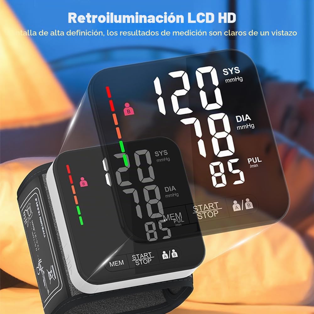 Tensiómetro de muñeca con detección de arritmia, medición de presión arterial y pulso totalmente automática, indicador de riesgo colorido, 2 × 99 memorias, para muñecas de 13,5 – 21,5 cm