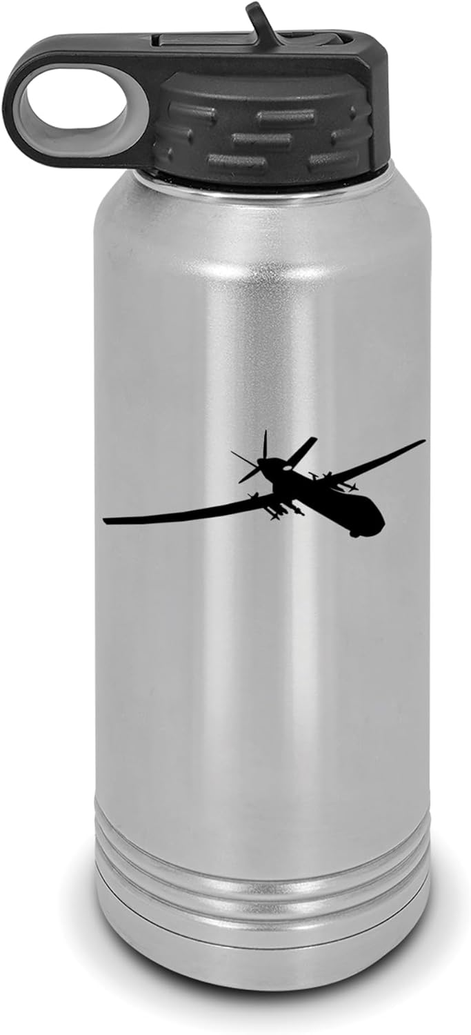 MQ-9 Reaper Water Bottle 32 oz - Laser Engraved w/ Flip Top Removable Straw - Polar Camel - Stainless Steel - Vacuum Insulated - Double Walled - Drinkware Bottles - flying drone uav - Stainless Steel