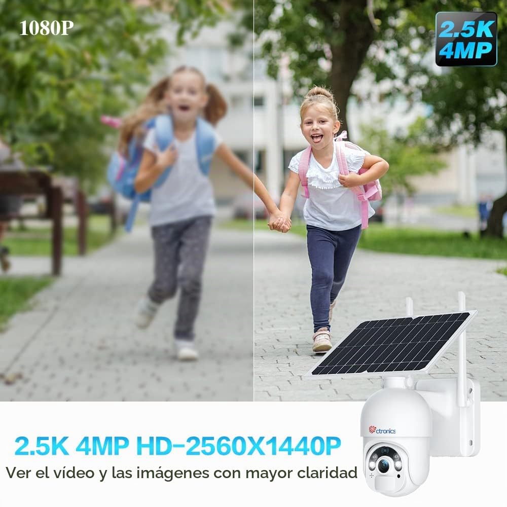 Ctronics 2.5K 4MP Camara Vigilancia WiFi Exterior Solar | Camara de Vigilancia Exterior con Batería, Camaras de Seguridad con Visión Nocturna a Color PIR Humana Detección IP66