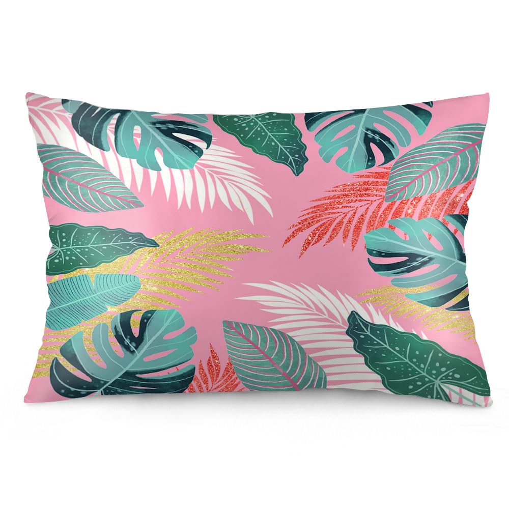 Easternproject Summer Tropical Leaves Standard Pillowcases 20x26 Inch Pink Green Palm Leaf Monstera Botanical Pillow Case Soft Lumbar Throw Pillow