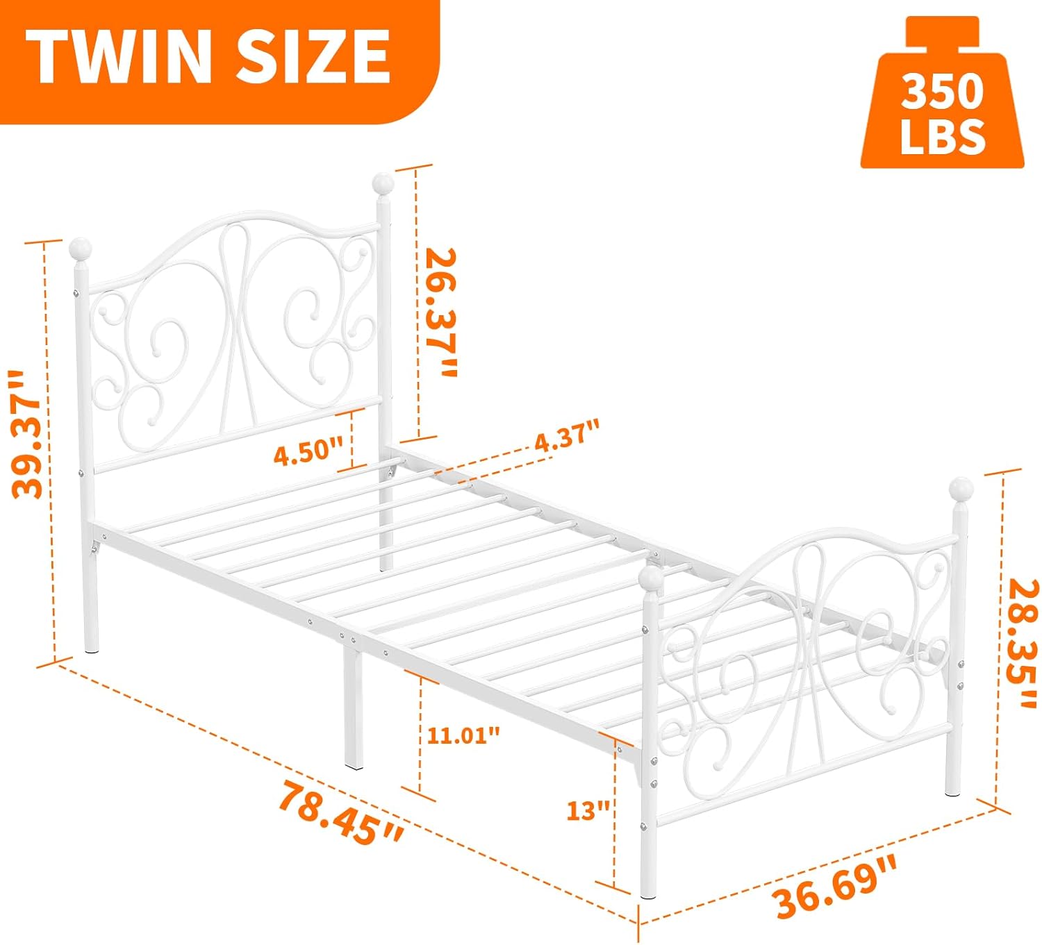Twin Bed Frames with Butterfly Pattern Headboard and Footboard，Twin Size Bed Easy Assembly No Box Spring Needed Heavy Duty Metal Platform, White - Image 2