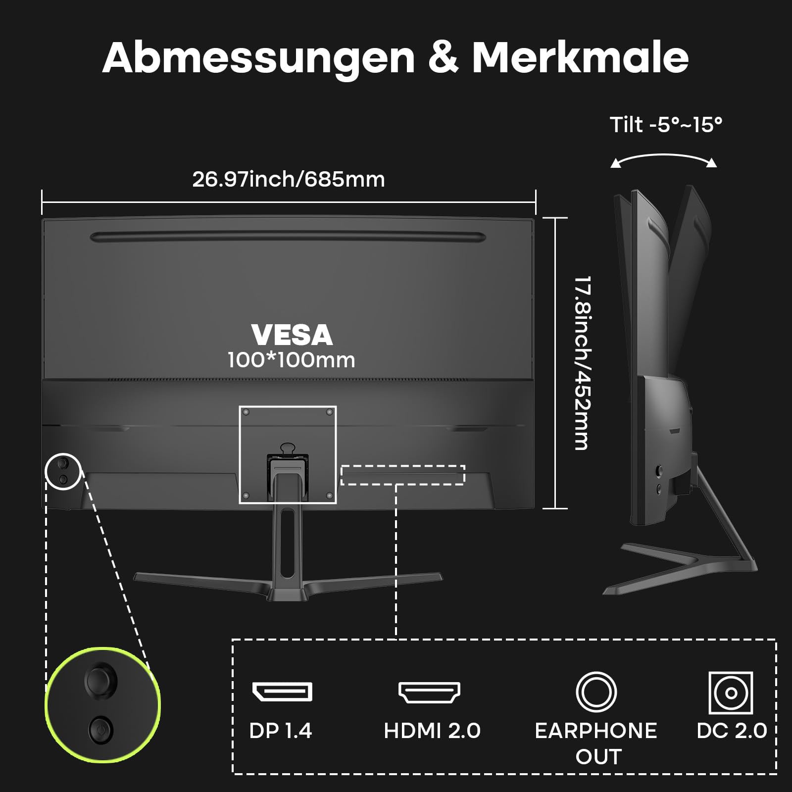 Amzfast Monitor Gaming Curvo 27'' - 240Hz, 1ms MPRT, Adaptive Sync, HDR10, DCI-P3 95%, Anti-Flicker/Glare, Low Blue Light, 1500R, VESA Mount, HDMI 2.0/DisplayPort, mit DP-Kabel, AMZG27C1 Pro